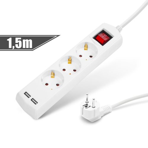 Elosztó 3-as - 3 x 1,5 mm - 1,5 m - 2 x USB-vel - kapcsolós