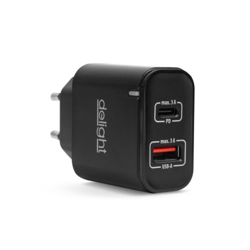 Hálózati Adapter USB + Type-C PD20W gyorstöltéssel - fekete