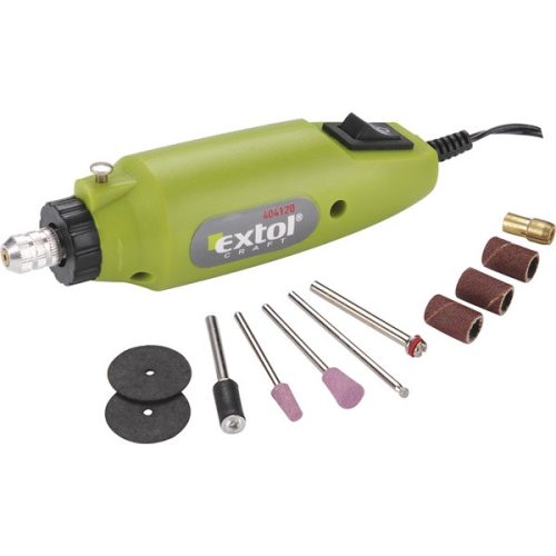 EXTOL CRAFT mini köszörű és fúrógép + tartozékok, 12V; 12.000 ford/perc