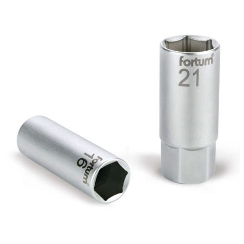 FORTUM gyertyakulcs dugófej 1/2", 61CrV5; 21mm, gumírozott FORTUM