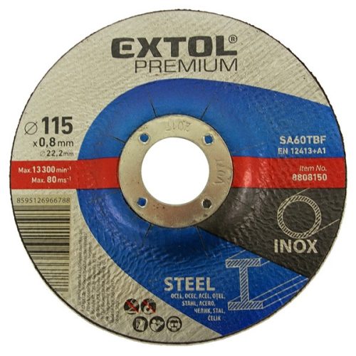 EXTOL PREMIUM vágókorong, acélhoz/inoxhoz; 125×0,8×22,2mm, max 12200 ford/perc