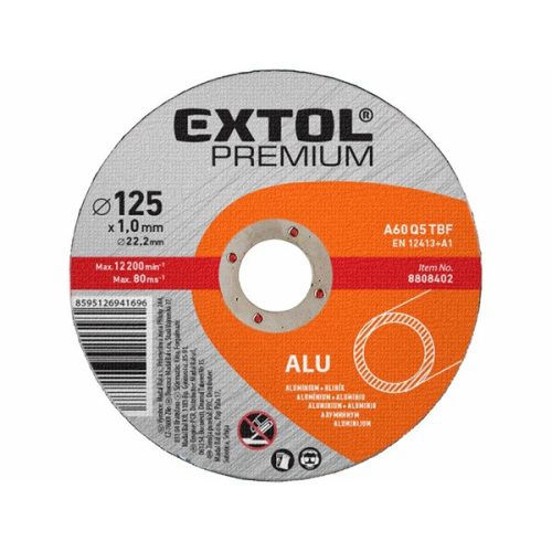 EXTOL PREMIUM vágókorong alumíniumhoz, szürke; 125×1,0×22,2mm, max 12200 ford/perc