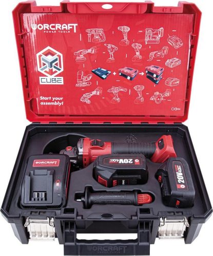 Set Worcraft XCUBE003 Toolbox, uhlová brúska CAG-S20LiBS 125 mm, 2x 4.0 Ah akumulátor, 1x nabíjačka