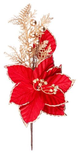 MagicHome karácsonyi virág, Poinsettia, piros, arany szegéllyel, szár, virágméret: 31 cm